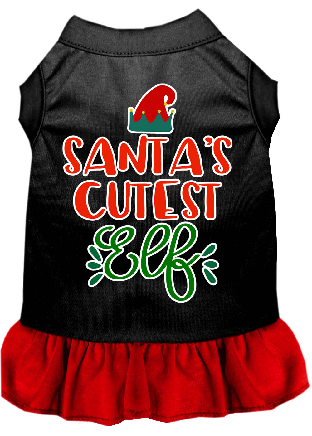 Santa's Cutest Elf Screen Print Dog Dress Black with Red Sm